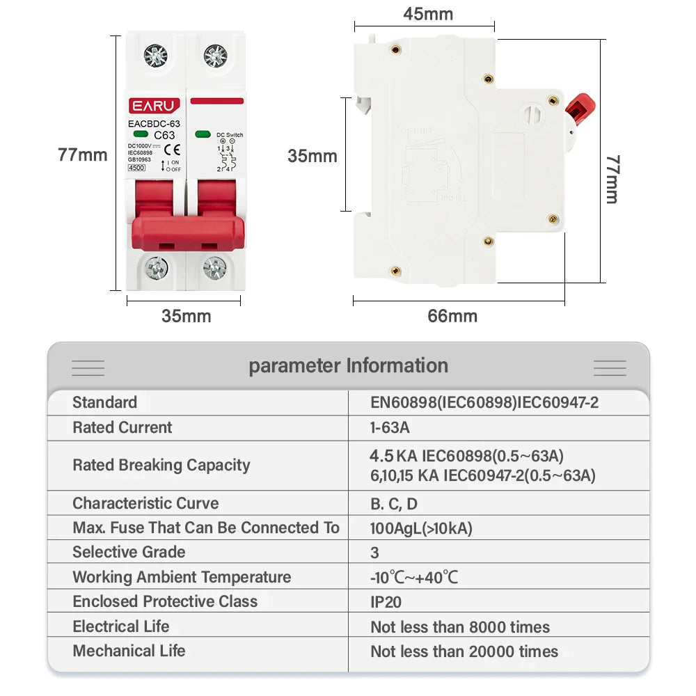 DC 1000V Solar Mini Circuit Breaker Overload Protection Switch 6A/10A/16A/20A/25A/32A/40A/50A/63A 2P DC1000V Photovoltaic MCB PV Beauty World Shop