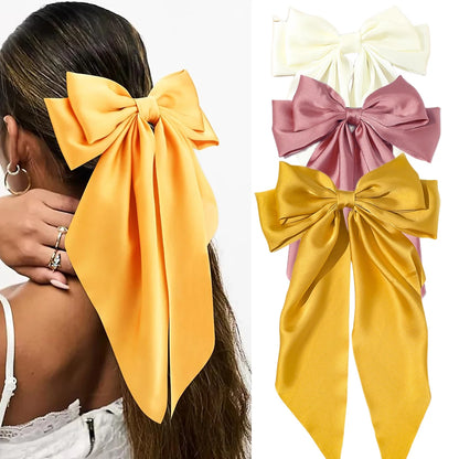 Korean Accessories Hair Clips for Women Girls Big Bowknot Solid Satin Long Ribbon Bows Spring Clamp Barette Cheveux Femme 2023 Beauty World Shop