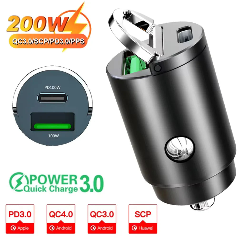100W/200W QC3.0 PD Mini Car Charger 12-24V Lighter Fast Charging Car USB Type C Charger for Xiaomi Samsung Huawei iPhone Power Beauty World Shop