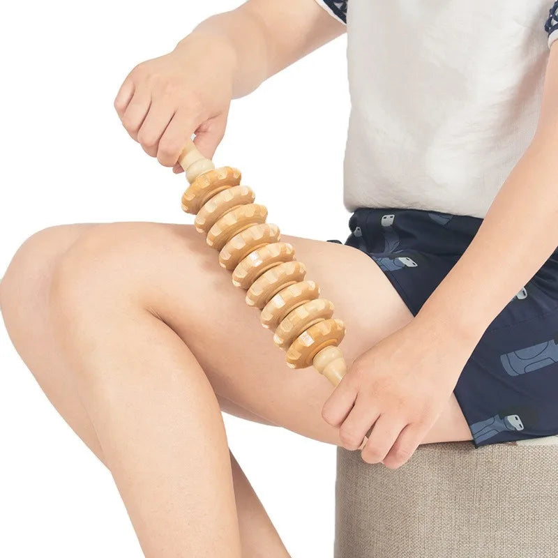 Body Fascia Massager Anti-slip Handle Wood Grooved Gear Arms Legs Thighs Buttocks Smooth Roller Massager for Back Relaxation Beauty World Shop