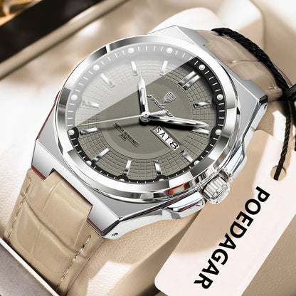 POEDAGAR Fashion Brand Man Wristwatch Waterproof Luminous Date Week Quartz Luxury Men's Watches Leather Business Men Watch Reloj Beauty World Shop