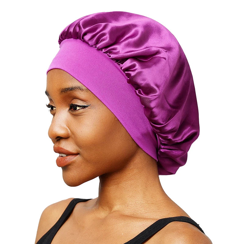 New Women's Satin Solid Wide-brimmed Sleeping Hat Unisex Head Wrap Elastic Band Cap Hair Care Bonnet Night Hat bonnet de nuit Beauty Fashion