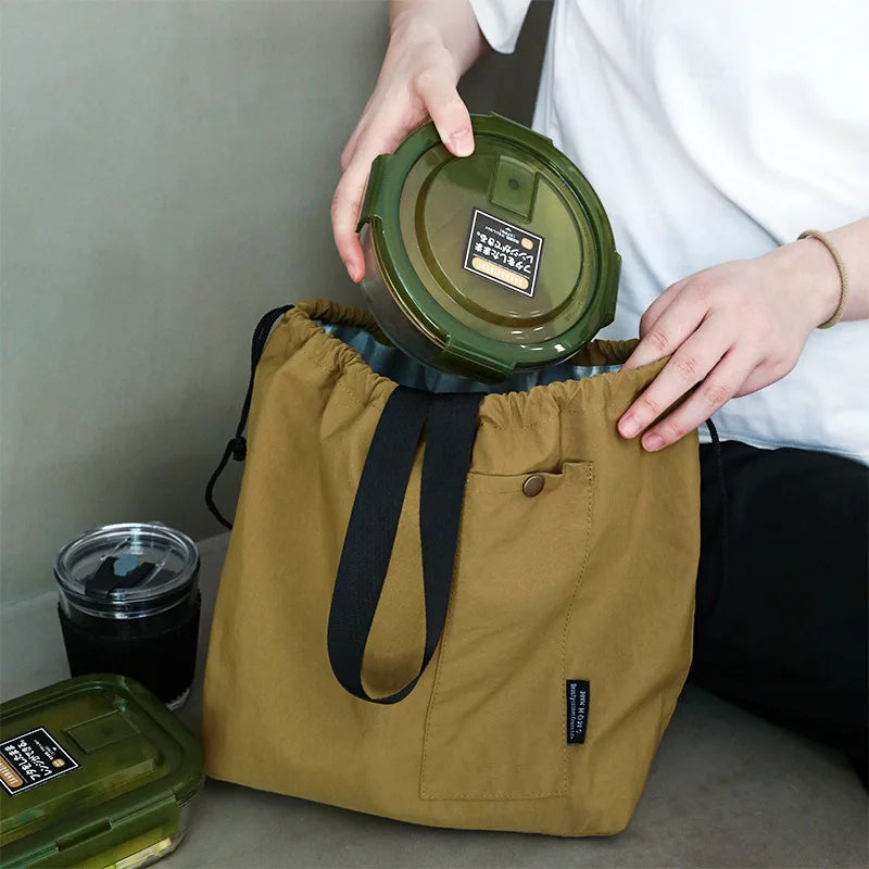 Japanese Korean Lunch Bag Cotton Canvas Large Solid Color Drawstring Portable Thermal Insulated Picnic Storage Bento Box Bag Beauty World Shop