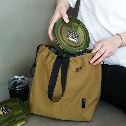 Japanese Korean Lunch Bag Cotton Canvas Large Solid Color Drawstring Portable Thermal Insulated Picnic Storage Bento Box Bag Beauty World Shop
