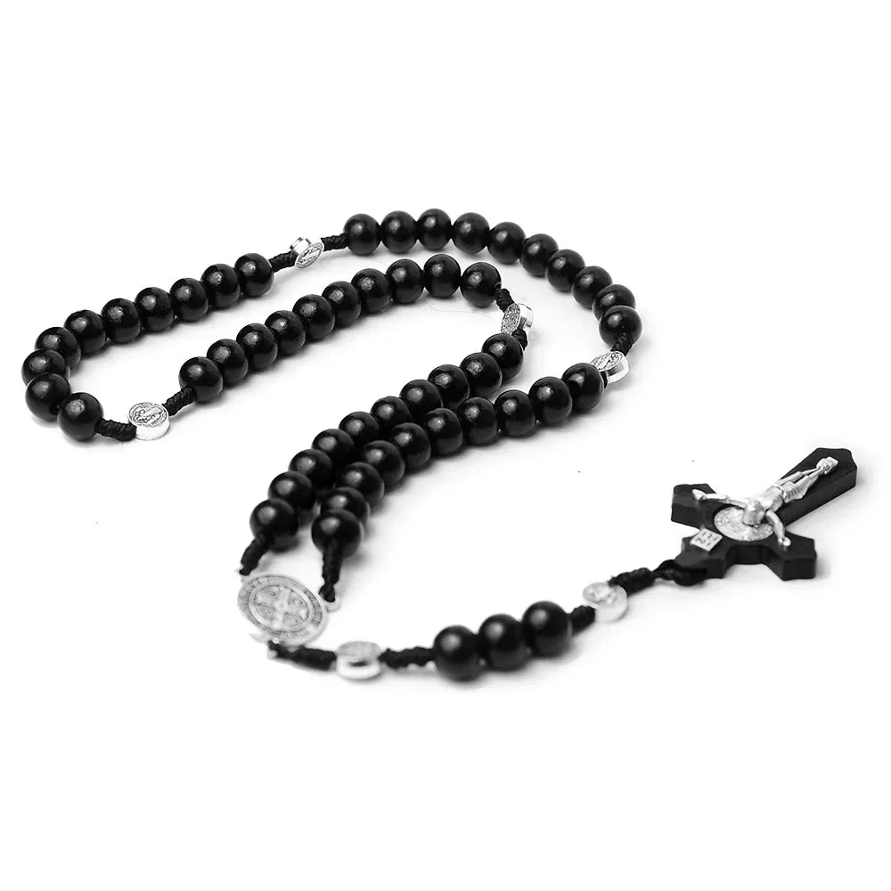 Catholic Wood Beaded Rosary Necklaces For Women Christian INRI Crucifix Cross Pendant Long Chain Men Religion Prayer Jewelry Beauty Trend Shop