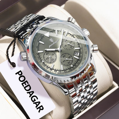 POEDAGAR Luxury Fashion Men Watch Stainless Steel Waterproof Luminous Quartz Male Clock Date Chronograph Military Men's Watches Beauty World Shop