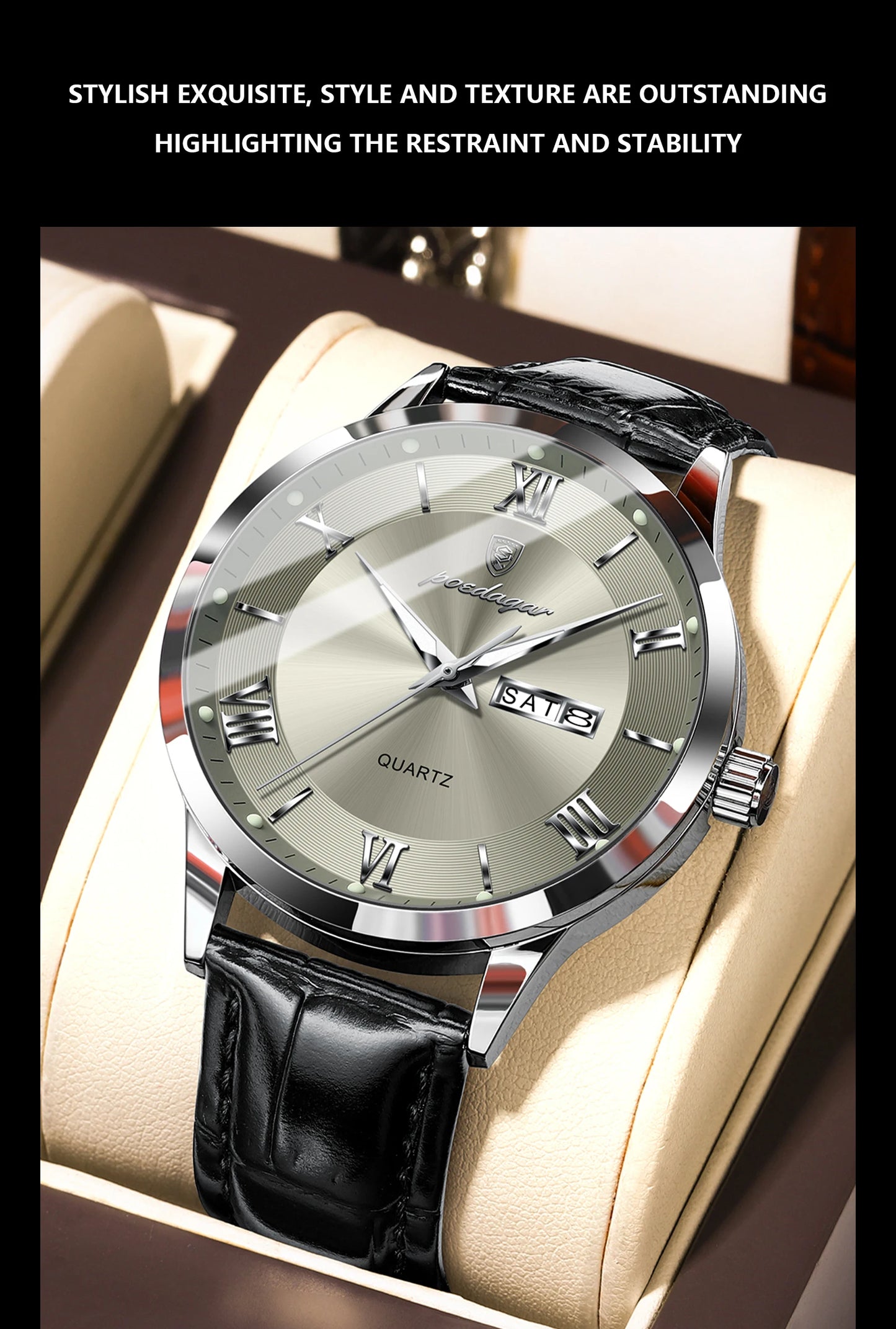 POEDAGAR Business Brand Men Clock Waterproof Luminous Date Week Fashion Man Wristwatch Leather Luxury Men's Quartz Watches Reloj Beauty World Shop