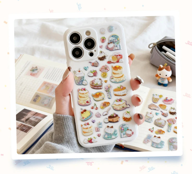 3 pcs/6 pcs Sweet Candy Pets Cat Coffee Cakes Flash Puffy 3D Stickers Scrapbooking Diy Diary Stationery Stickers School Supplies Beauty World Shop