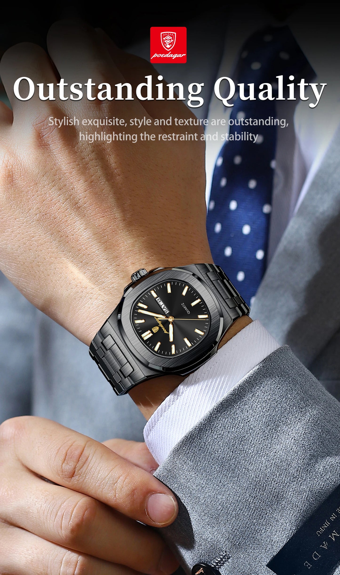 POEDAGAR Square Luxury Men's Wristwatch Luminous Waterproof Stainless Steel Male Clock Week Date Original Quartz Watches For Men Beauty World Shop