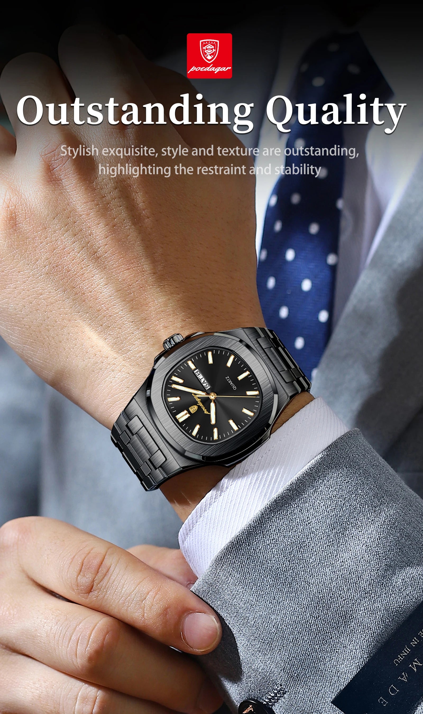 POEDAGAR Square Luxury Men's Wristwatch Luminous Waterproof Stainless Steel Male Clock Week Date Original Quartz Watches For Men Beauty World Shop