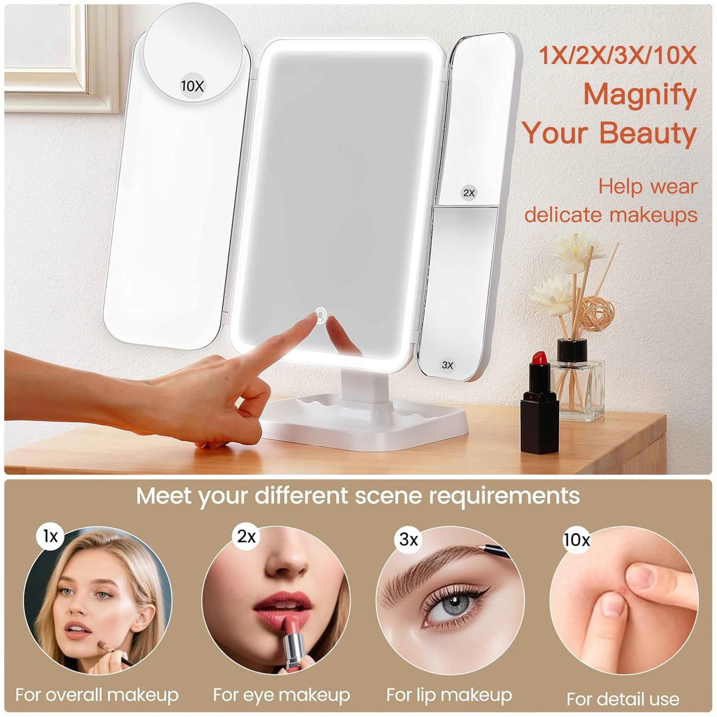 Trifold Makeup Mirror LED Lights Dorm Dressing Mirror Beauty Light up your fill light with Smart Complementary Makeup Mirror Tri Beauty World Shop