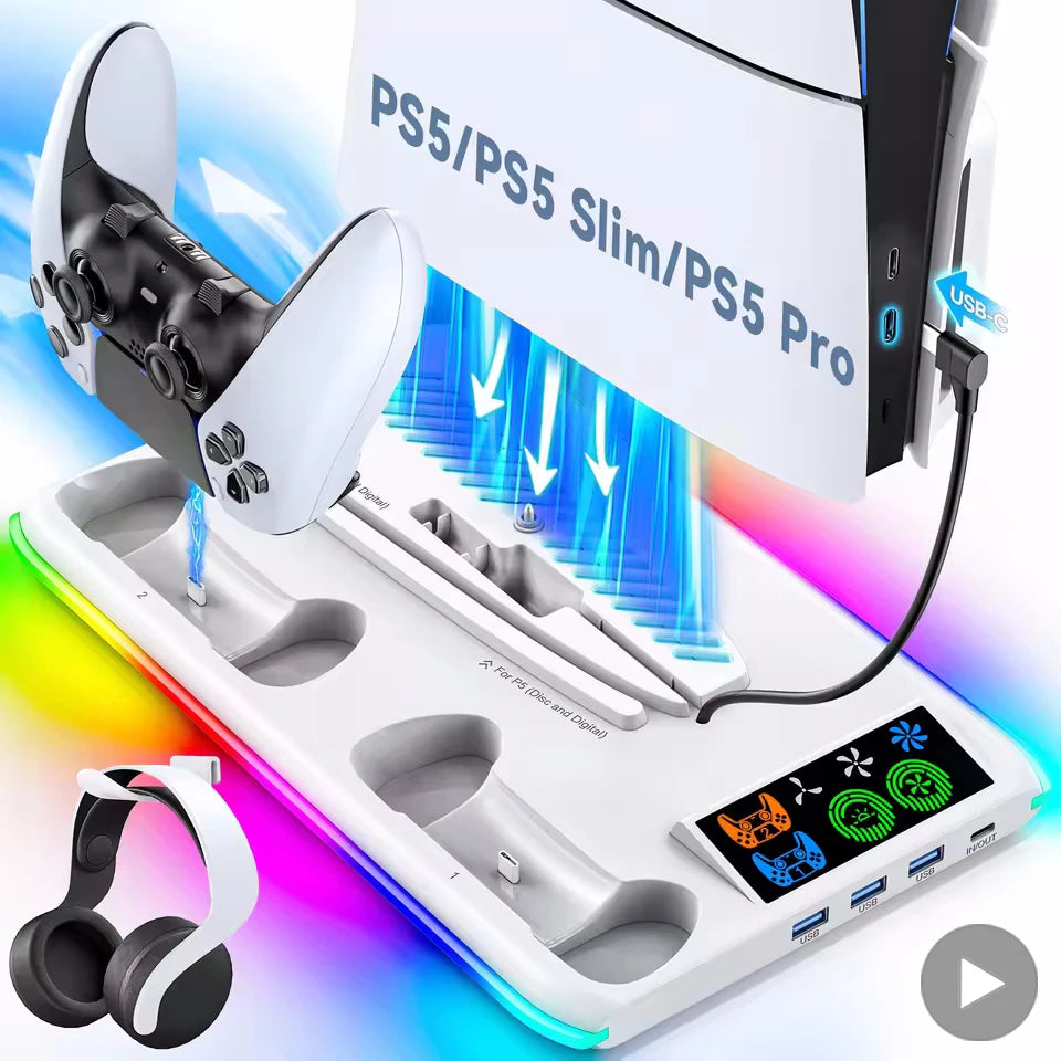 Game Stand For Sony PS5 Console Playstation Play Stations PS 5 Slim Pro Support Base Holder Cooler Fan RGB Gaming Accessories Beauty World Shop
