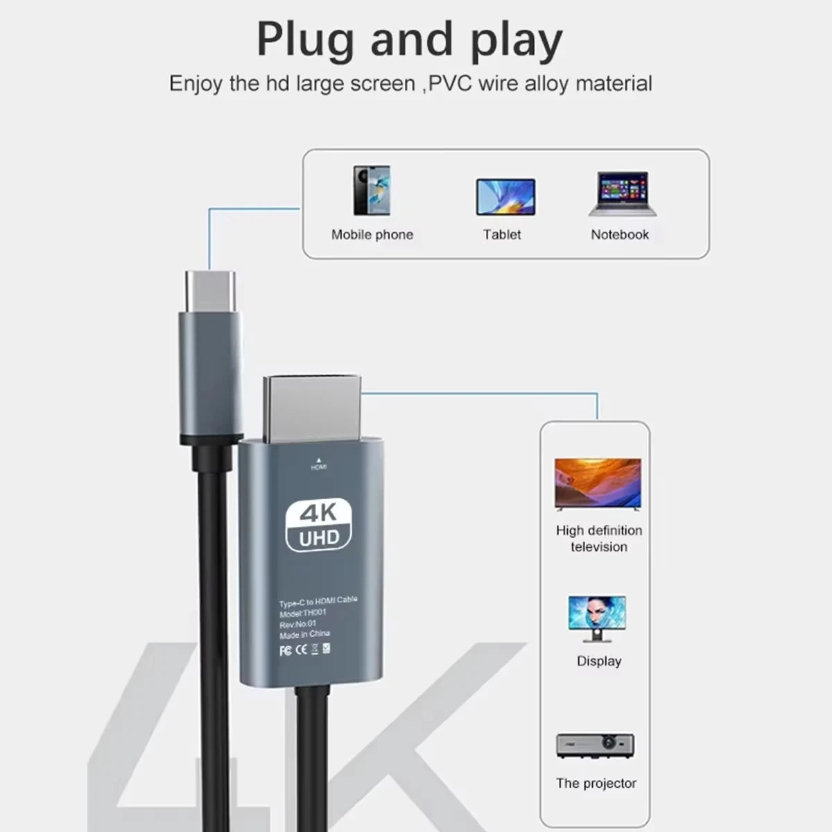 Typec to HDMI 4K 60Hz HD Video Conversion Cable Same Screen Cable TV Computer 2 Meters Braided Screen Projection Cable Packaging Beauty World Shop