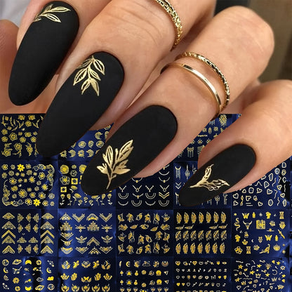 30 Sheets Golden Floral Nail Art Stickers - 3D Self-Adhesive Shimmering Leaf & Flower Designs for DIY Manicure Beauty World Shop