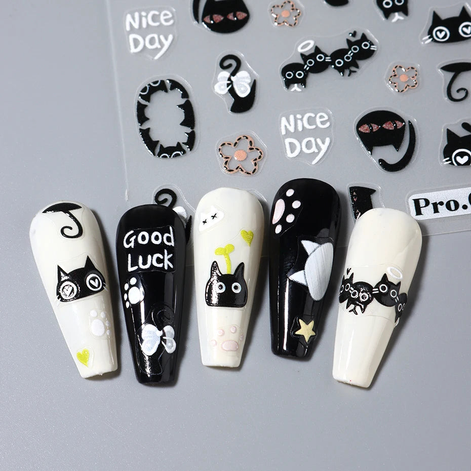 2pcs Black Cat Nail Stickers 3D Cute Cartoon Animal 3D Self-Adhesive Nail Art Decals Sliders Decorations Manicure Accessories Beauty World Shop