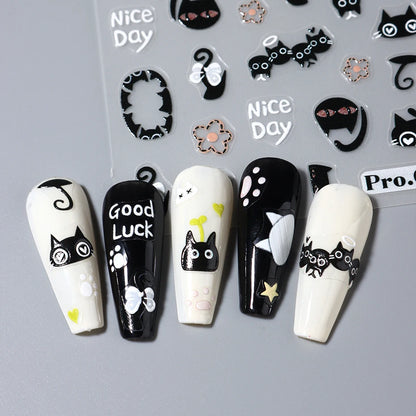 2pcs Black Cat Nail Stickers 3D Cute Cartoon Animal 3D Self-Adhesive Nail Art Decals Sliders Decorations Manicure Accessories Beauty World Shop