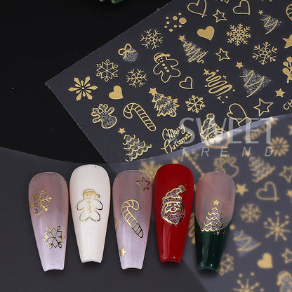2pcs Gold Silver Christmas 3D Nail Stickers Reflective Glitter Xmas Tree Gingerbread Snowflakes Adhesive Decals Winter Manicure Beauty World Shop