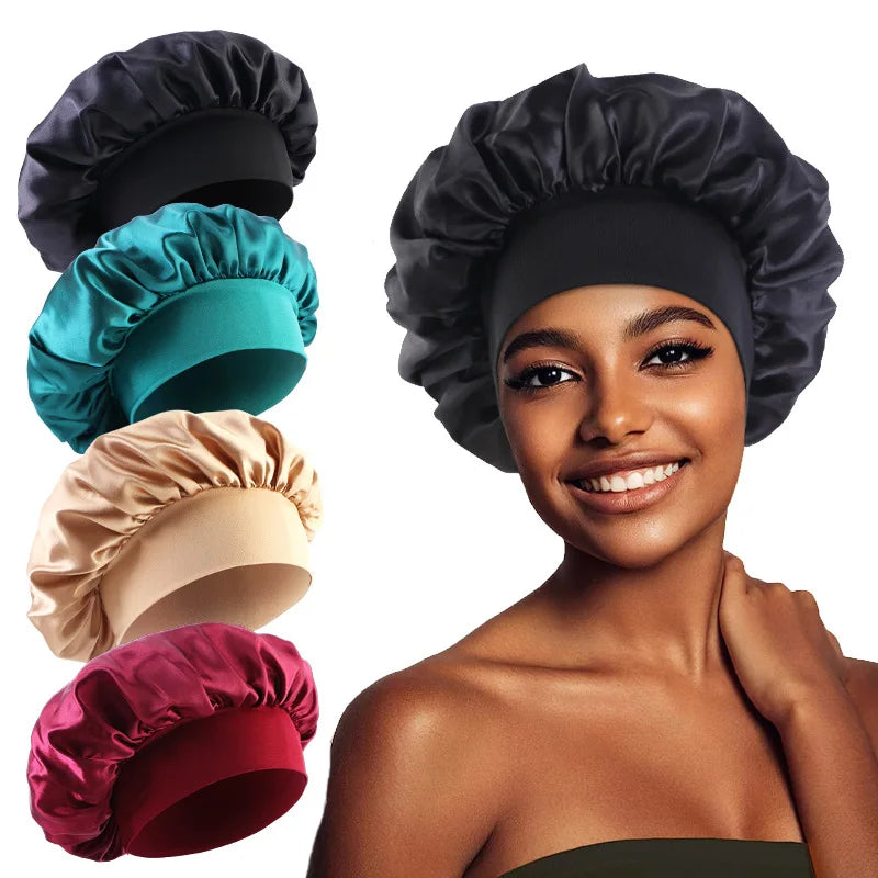 1PC Women's Satin Solid Bonnets Wide-brimmed Night Sleeping Bathing Hat Unisex Head Wrap Elastic Band Cap Hair Care Bonnet. Beauty World Shop