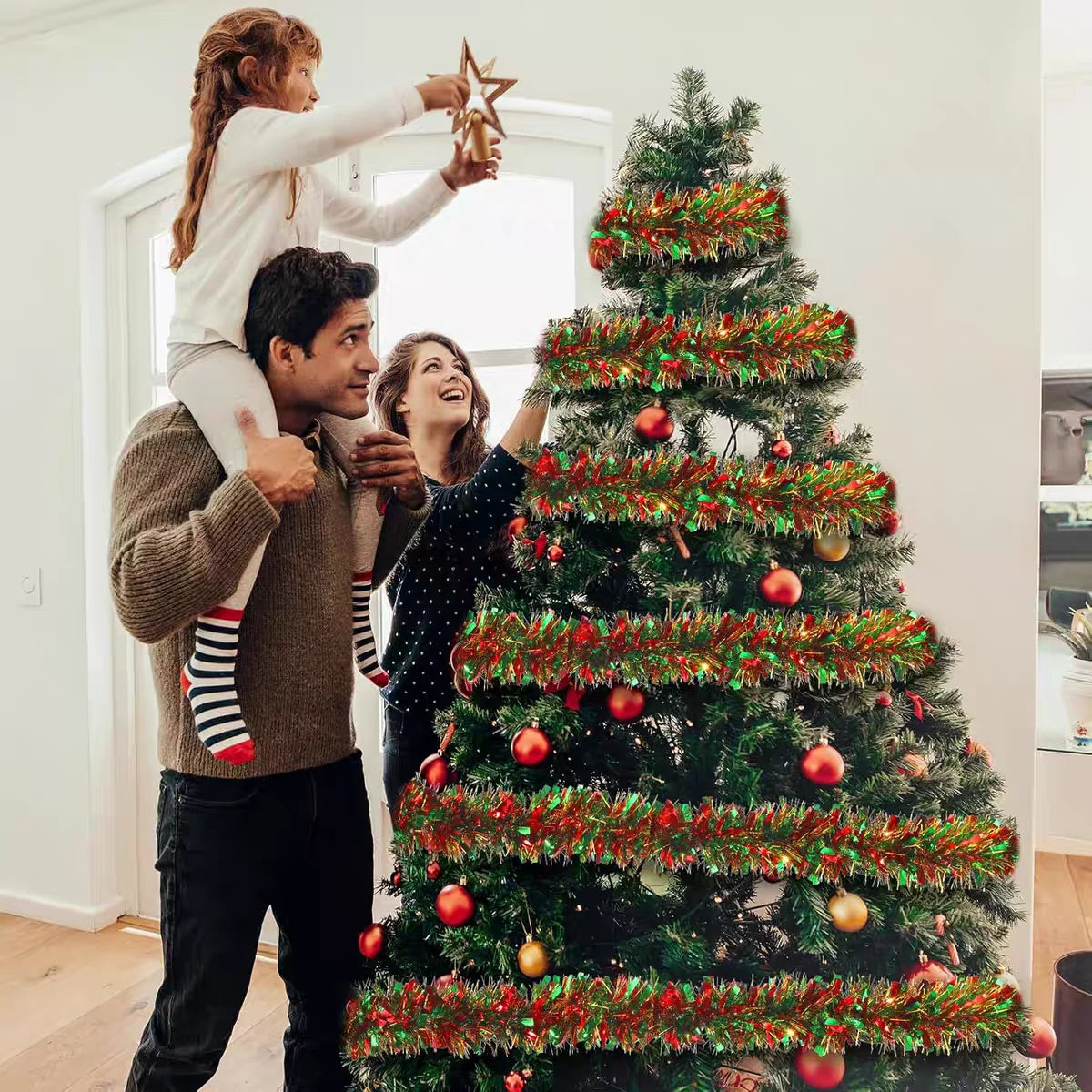 Christmas Tinsel Garlands Decoration Bar Tops 2/10M Red Green Wreath Xmas Tree Ornaments Party Home Staircase Decor Pendant Prop Beauty World Shop