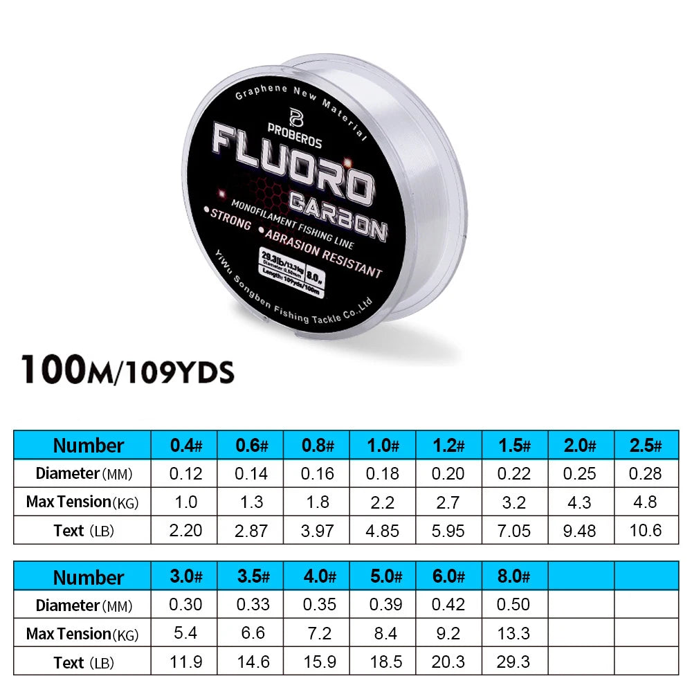 PROBEROS 100M Fluorocarbon Coating Fishing Line 2.2LB-29.3LB Carbon Fiber Monofilament Leader Line Carp Fishing Sinking Line Beauty World Shop