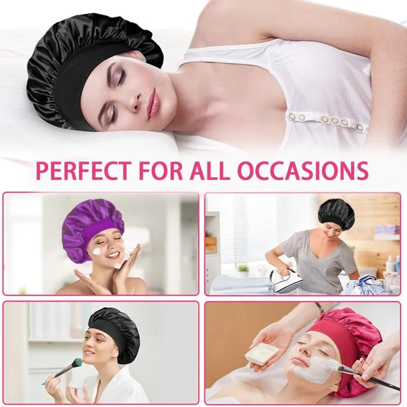 1PC Women's Satin Solid Bonnets Wide-brimmed Night Sleeping Bathing Hat Unisex Head Wrap Elastic Band Cap Hair Care Bonnet. Beauty World Shop