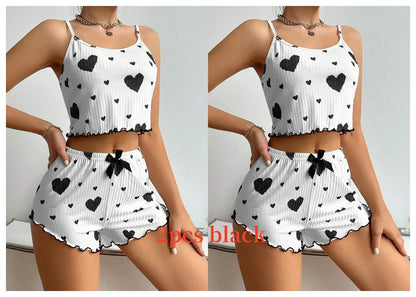 Women's Pajamas Set Sleepwear 2 PCS Short Tank Tops And Shorts S M L White Ventilate Soft Casual Love Printing Beauty World Shop
