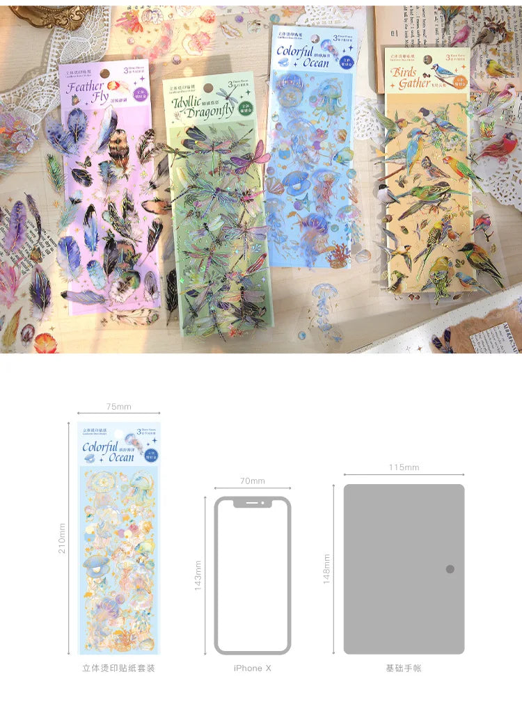 3pcs Kawaii Feather Dragonfly Bird Jellyfish Decorative Stickers Pack Scrapbooking Material Label Diary Phone Journal Planner Beauty World Shop