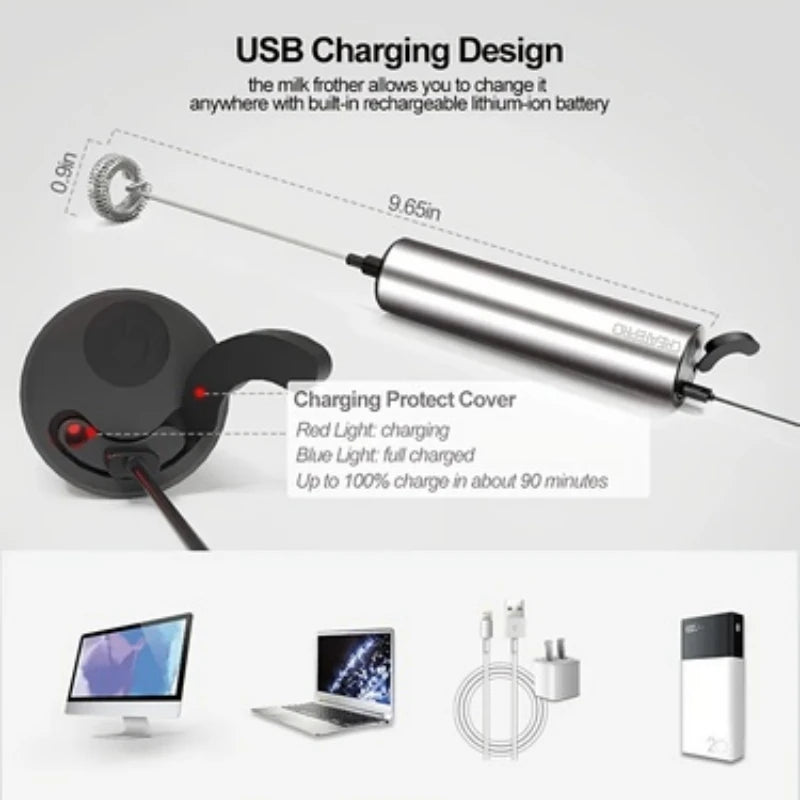 Rechargeable Stainless Steel Milk Frother 2 Speeds for Latte Cappuccino Espresso Home And Barista Use Beauty World Shop