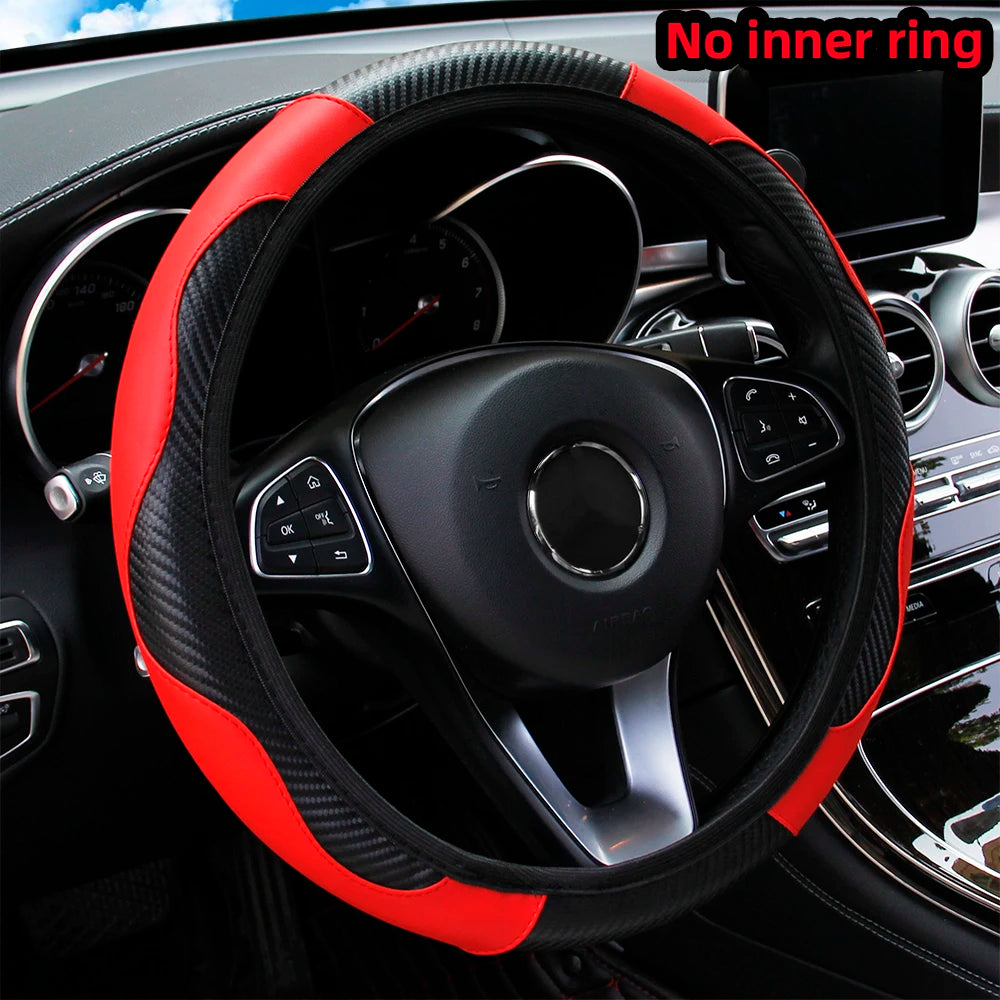 PU Carbon Fiber Leather Car Steering Wheel Cover without Inner Ring Suitable for 14.5-15 Inches of Automotive Supplies Beauty World Shop