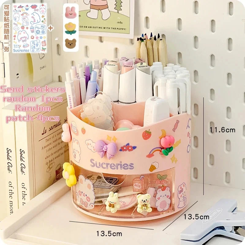 Cute Rotating Pen Holder Desktop Drawer Stationery Box Case School Office Desk Kawaii Stationery Storage Box Organizer Stickers Beauty World Shop