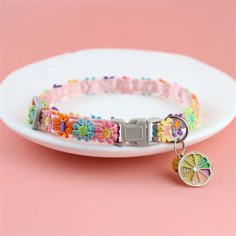 Fashion Rainbow Flower Cat Collar With Bell Kitten Puppy Necklace Adjustable Buckle Colorful Lace Kitten Collar Dog Accessories Beauty World Shop