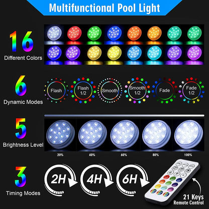 Rechargeable Underwater Submersible Pool Lights with Remote IP68 Waterproof Color Changing Led Floating Lights for Hot Tub Bath Beauty World Shop