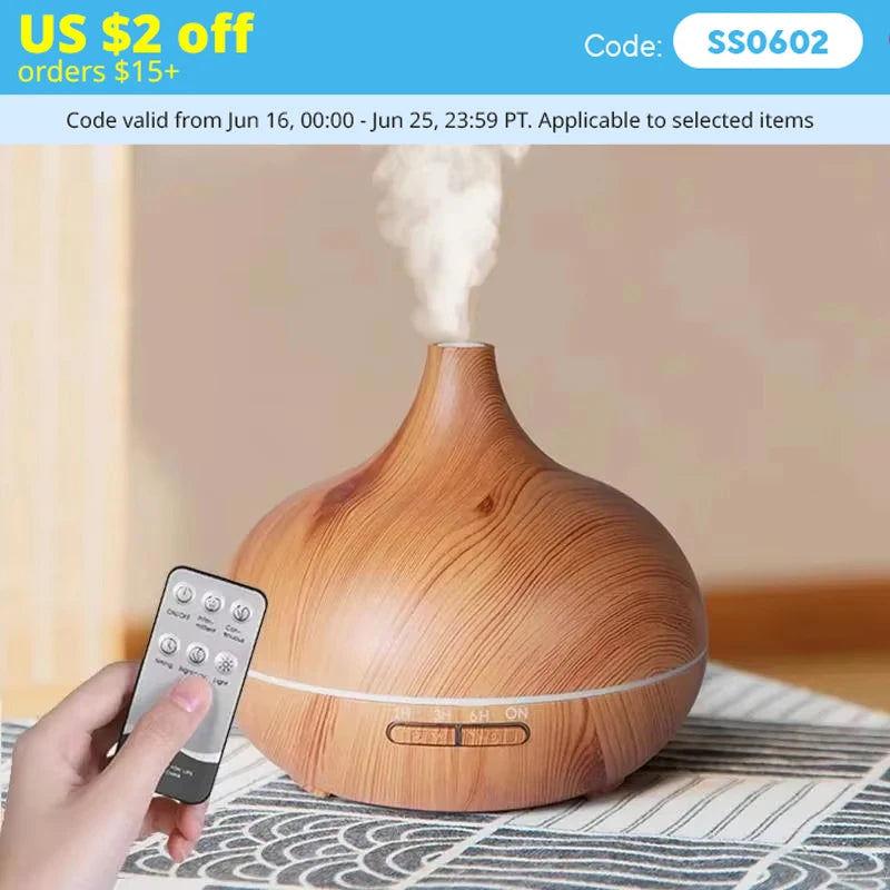 Air Humidifier Aromatherapy Essential Oil Diffuser Wood Grain 500ml Ultrasonic Remote Control 7 Color Lights For Home Bedroom ﻿ Beauty World Shop