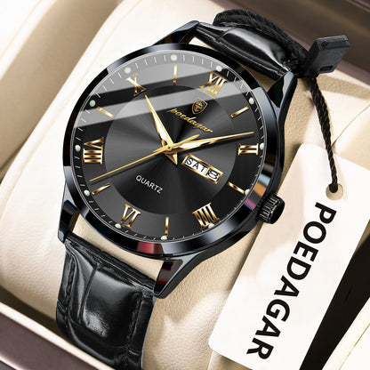 POEDAGAR Business Brand Men Clock Waterproof Luminous Date Week Fashion Man Wristwatch Leather Luxury Men's Quartz Watches Reloj Beauty World Shop