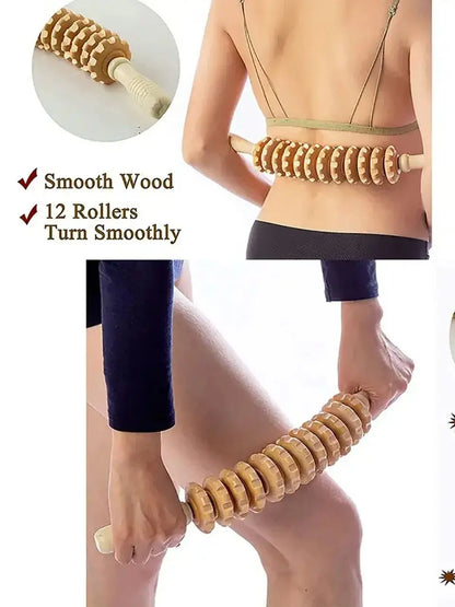 Body Fascia Massager Anti-slip Handle Wood Grooved Gear Arms Legs Thighs Buttocks Smooth Roller Massager for Back Relaxation Beauty World Shop