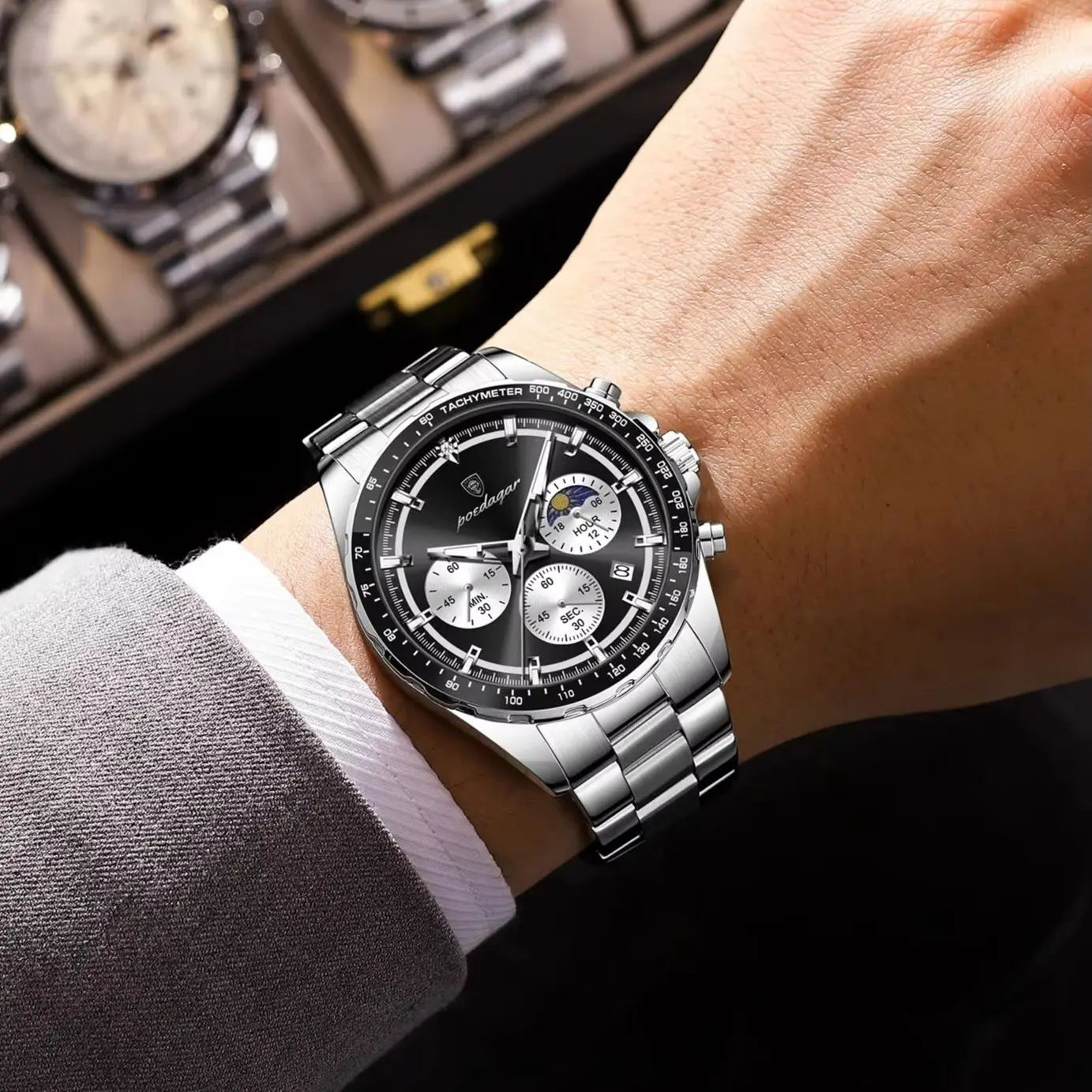 POEDAGAR Business Brand Man Wristwatch Waterproof Stainless Steel Luminous Men Watch Chronograph Date Men's Quartz Watches Reloj Beauty World Shop