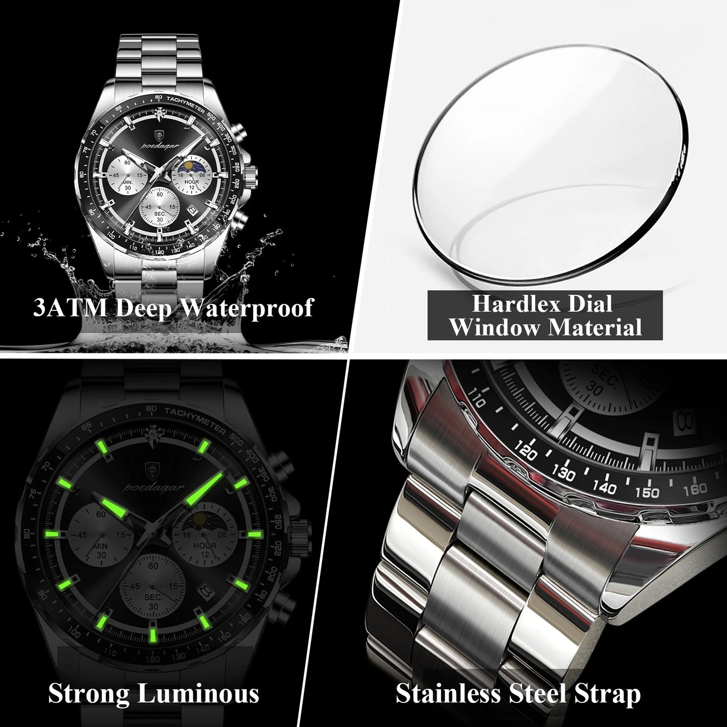 POEDAGAR Business Brand Man Wristwatch Waterproof Stainless Steel Luminous Men Watch Chronograph Date Men's Quartz Watches Reloj Beauty World Shop