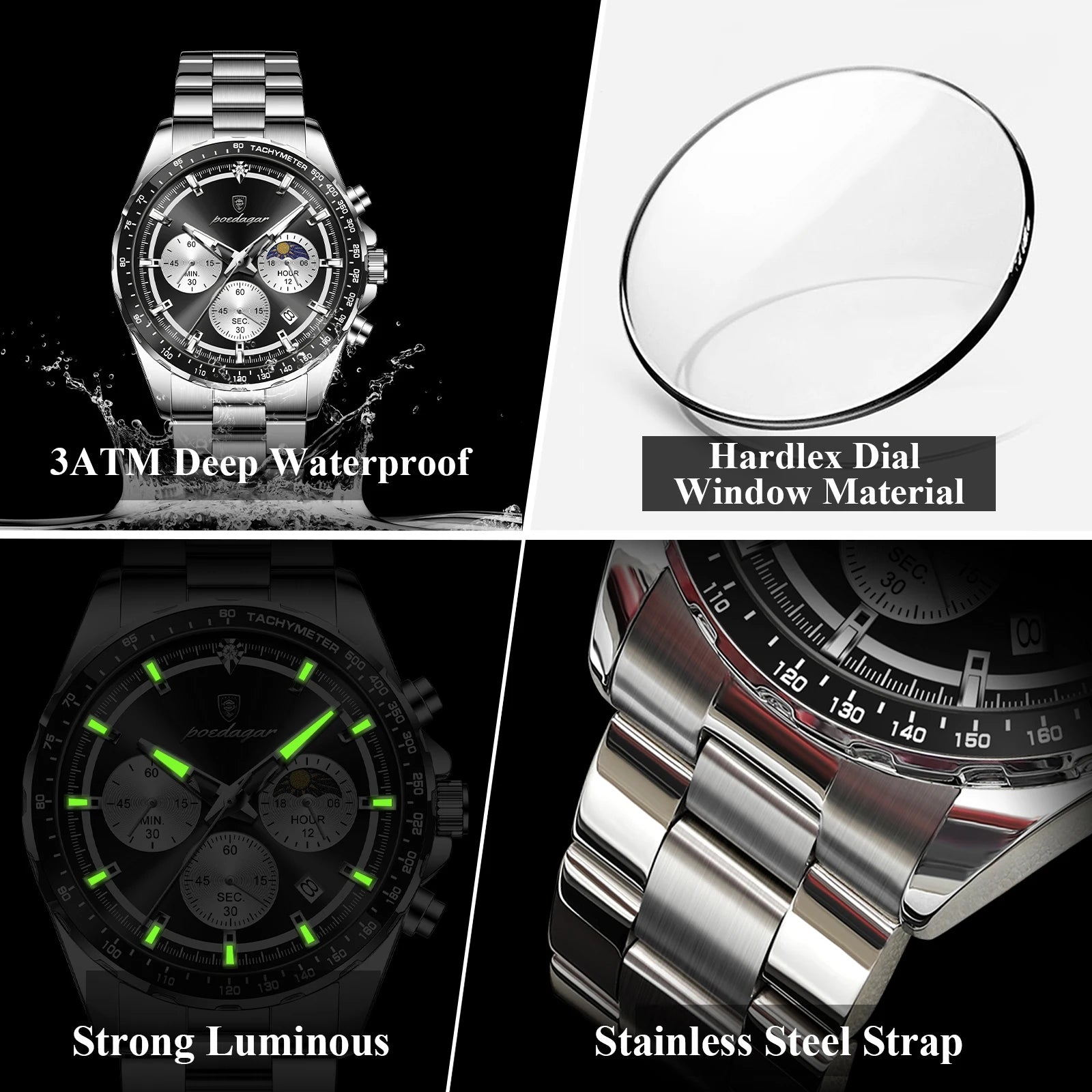 POEDAGAR Business Brand Man Wristwatch Waterproof Stainless Steel Luminous Men Watch Chronograph Date Men's Quartz Watches Reloj Beauty World Shop