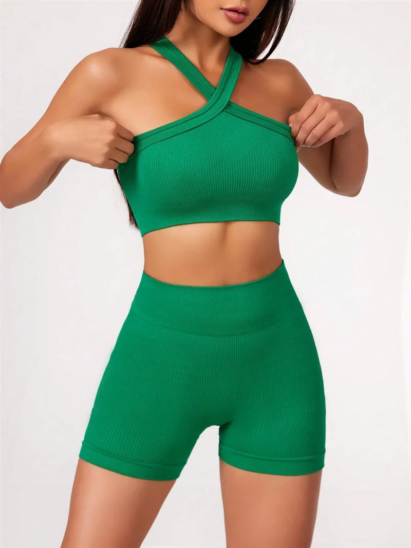 2Pcs Yoga Sets Naked Feel Gym Set Women Workout Clothes High Waist Yoga Shorts And Strappy Sports Bra Short Sets Summer Beauty World Shop