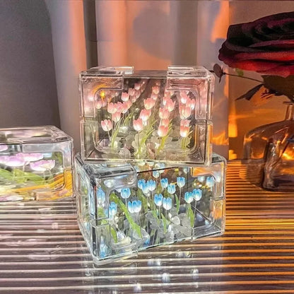 Creative Diy Tulip Flower Sea Cube Three-Dimensional Small Night Lamp Material Package for Girlfriend Couple Girlfriends Beauty World Shop