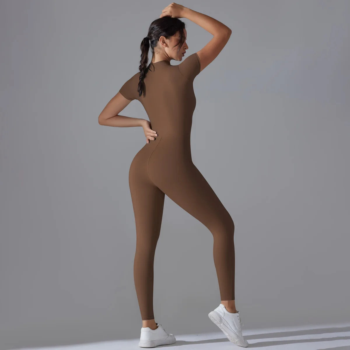 Naked zipper short sleeved yoga suit jumpsuit, quick drying breathable outdoor sports tight fitting jumpsuit, fitness suit Beauty World Shop