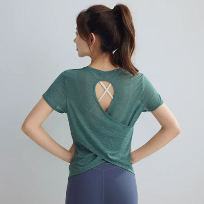 Women's Tight Sports T-shirt Quick Dry Short Sleeve Yoga T-shirt Pilates Fitting Fitness Back Hollow Out Running T-shirt Beauty World Shop