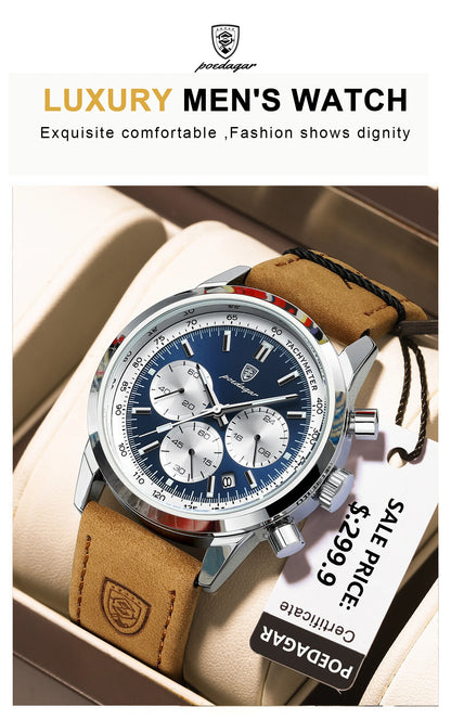 POEDAGAR Top Brand Men's Quartz Watch Waterproof Luminous Chronograph Military Man Watch Luxury Fashion Leather Watches For Men Beauty World Shop