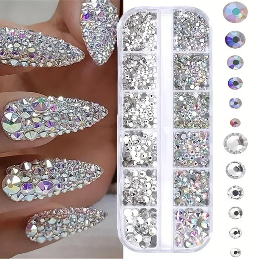 Boxed 3D Flat Back Nail Rhinestones Nail Gems Glass AB & Clear Crystal Rhinestones Kit Nail Art Charms DIY Manicure Accessories Beauty World Shop