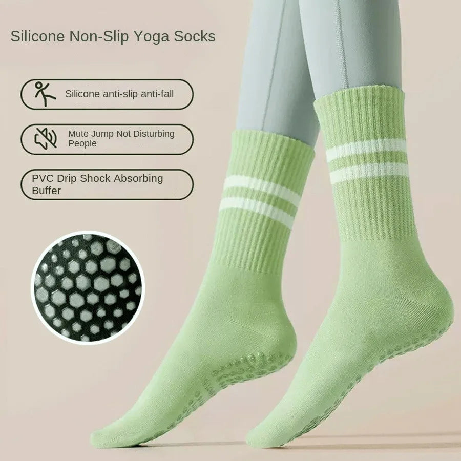 1 pair of women's yoga socks, skipping rope sports socks, Pilates indoor anti slip floor socks, double bar mid leg socks Beauty World Shop