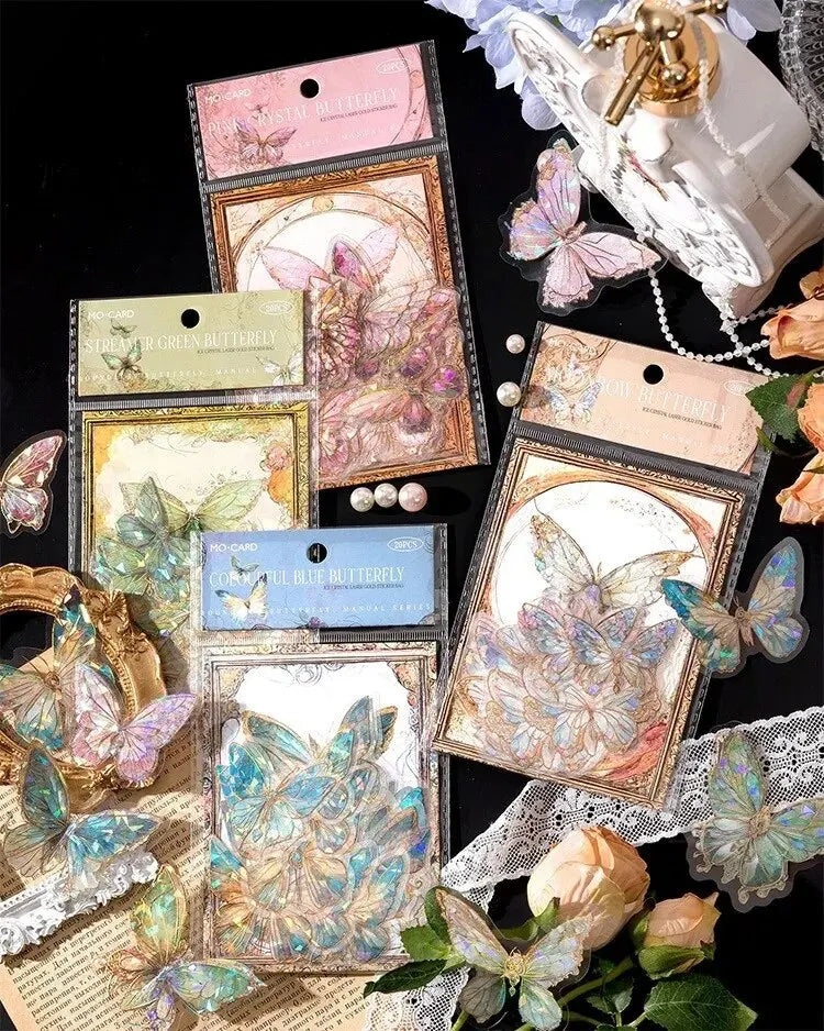 5Style 20pcs/pack INS Butterfly PET Sticker Pack Ice Crystal Laser Gold DIY Handbook Decoration 3D Scrapbook Beauty World Shop