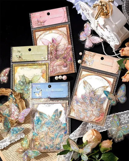 5Style 20pcs/pack INS Butterfly PET Sticker Pack Ice Crystal Laser Gold DIY Handbook Decoration 3D Scrapbook Beauty World Shop