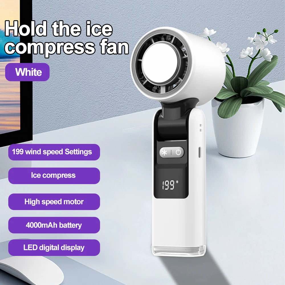 Handheld Portable Fan with Ice Cooler 4000mAh Rechargeable Pocket Fans Foldable Design LED Display 1-199-Speed Wind Cooling Fan