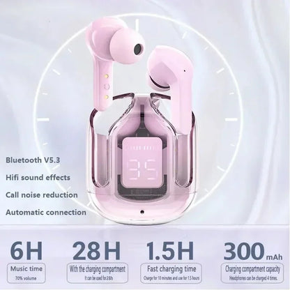 TWSHK3 Wireless Bluetooth Earphone Noise Canceling HiFi Stereo Sport Headphones with Digital Display Transparent Charging Case Beauty World Shop