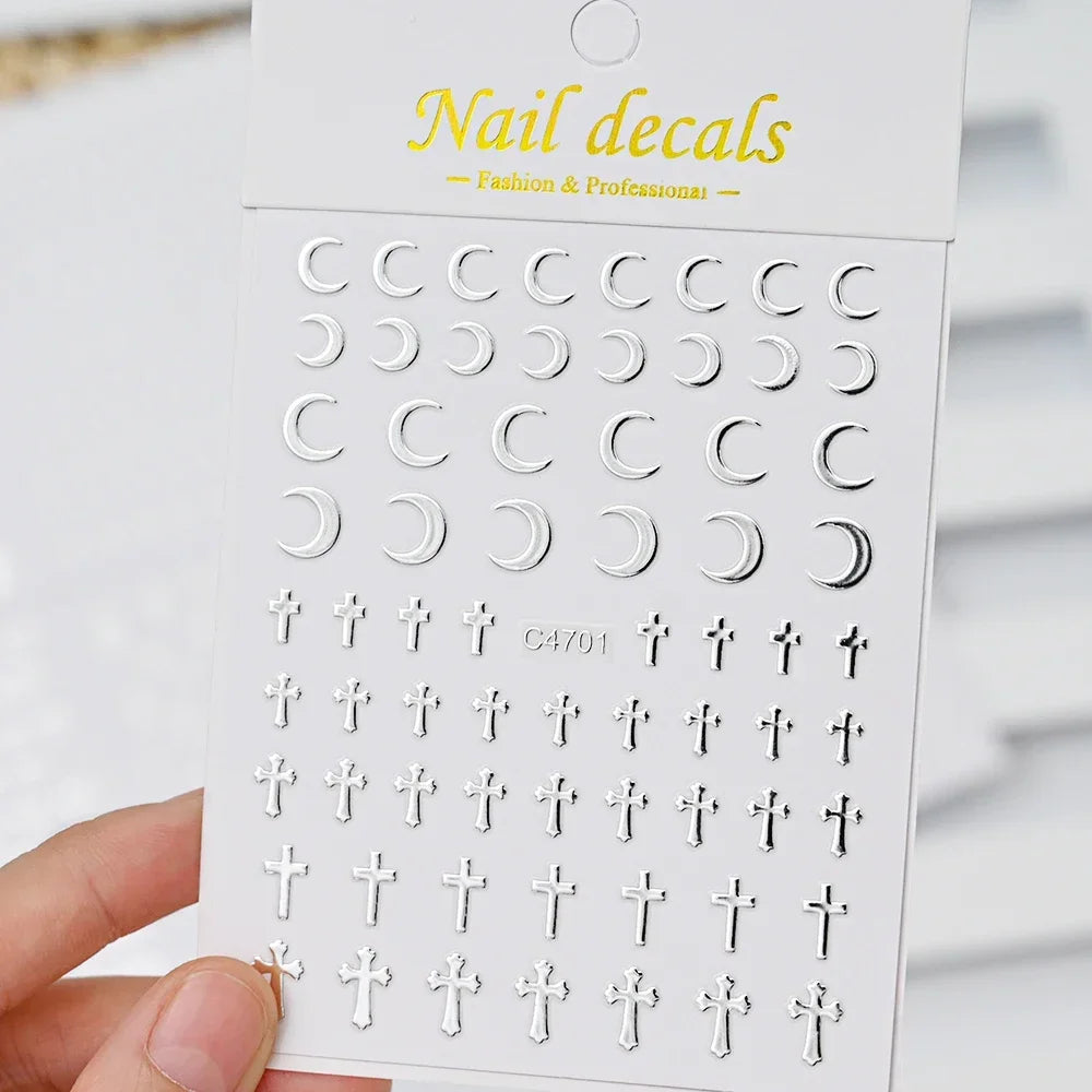 6 Sheets Metal Silver Nail Stickers Metallic 3D Star Nail Art Stickers Decals Self-Adhesive Nail Art Stickers Metal Chain Heart Beauty World Shop